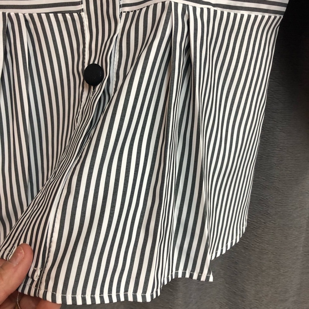 White and gray striped dressy blouse with buttons up the back, waistband - Picture 12 of 12
